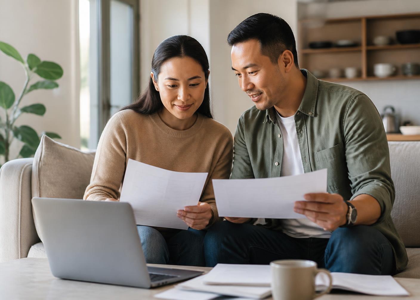 A couple reviewing their financial options together at home