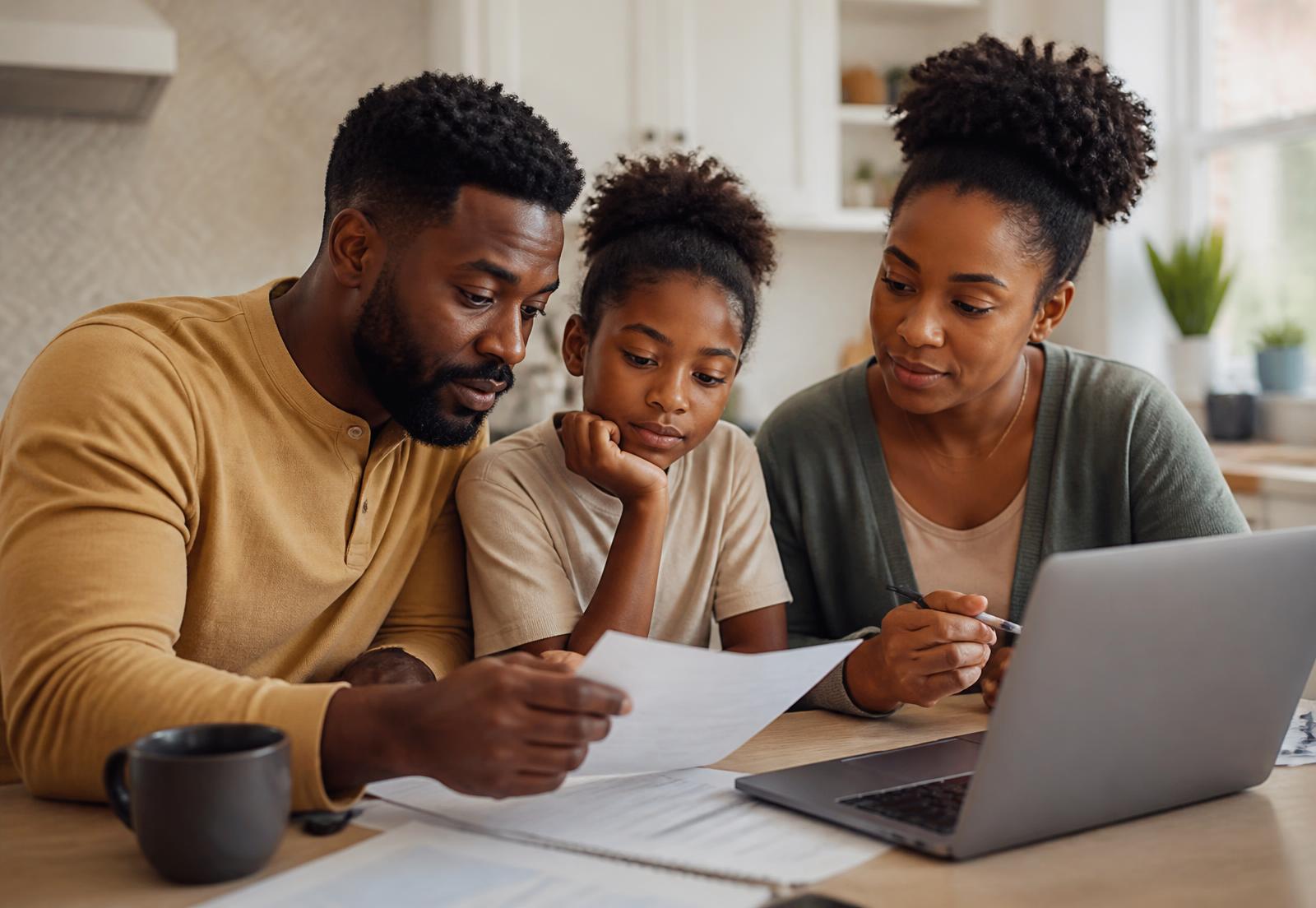 A family reviewing financial documents together at their kitchen table